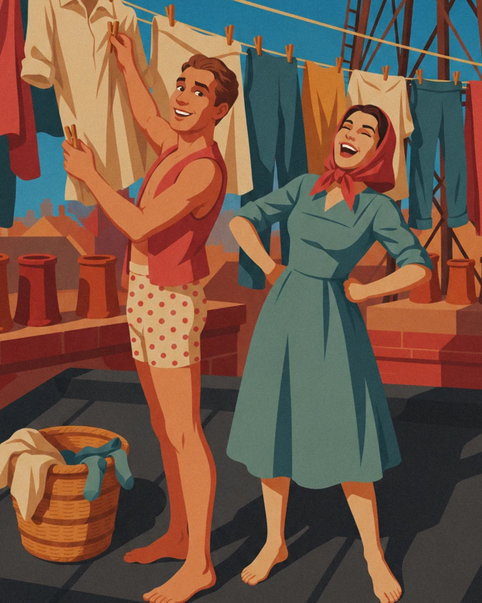 Le couple pieds nus près du linge suspendu et du panier en osier, sur le toit en briques