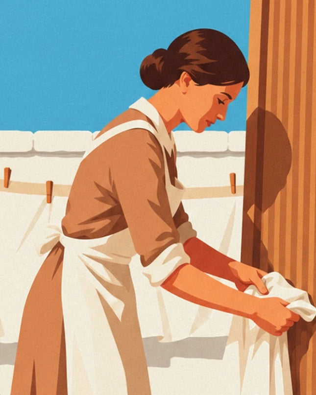 La femme au chignon brun et au tablier blanc, les mains occupées au linge