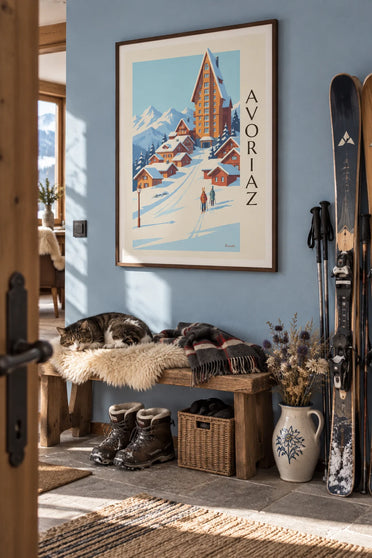 Poster of the Avoriaz resort and its wooden façades under the snow: framed on the wall