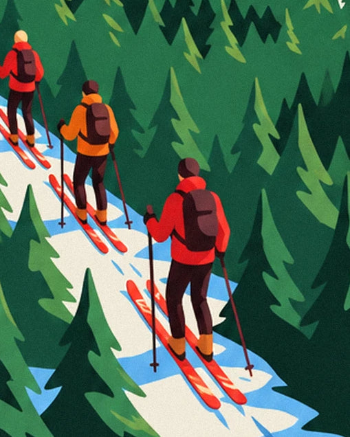 The 3 skiers in red and orange with backpacks climbing between the fir trees