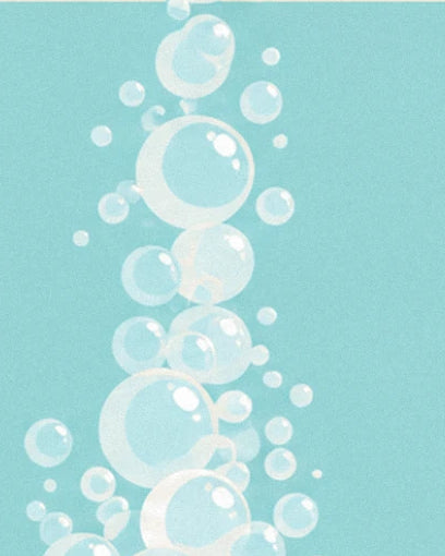 Une colonne de bulles de savon translucides, grosses et petites, sur fond turquoise
