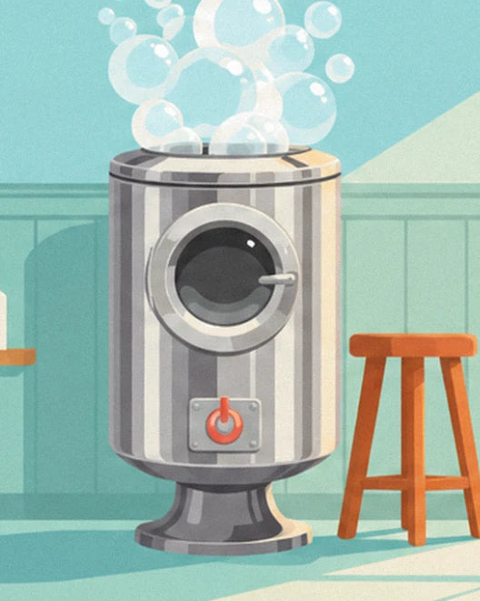 La machine rayée gris et blanc à hublot, son nuage de bulles et le tabouret en bois