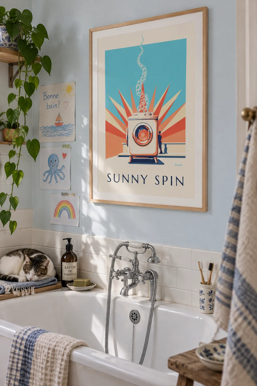 Affiche machine à laver à hublot et rayons de soleil pastel : encadrée au mur