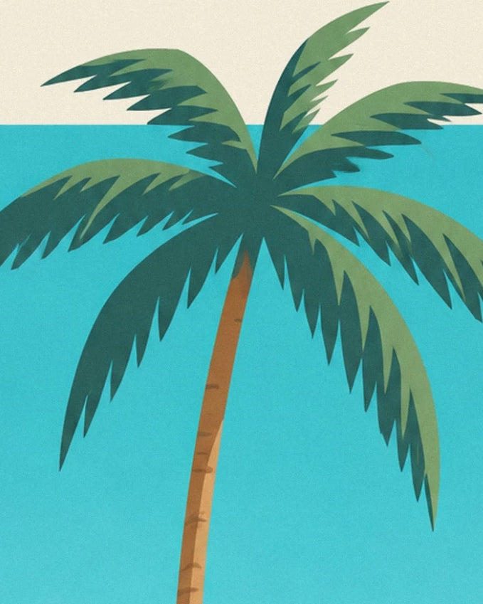 The palm tree with its ochre trunk and long green fronds against the turquoise sea