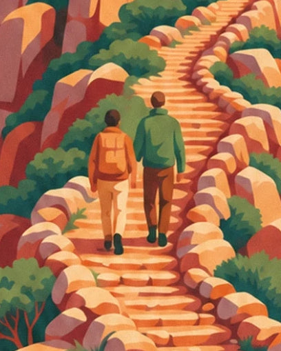 Les 2 randonneurs de dos dans l’escalier de pierre bordé de rochers et de buissons