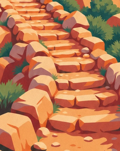 L’escalier aux marches orangées irrégulières, entre gros rochers et touffes vertes