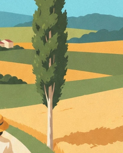 A poplar with a pale trunk between the green and golden fields of the countryside