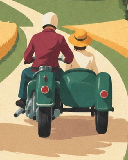 The rider in a burgundy jacket and his passenger in a hat in the green sidecar