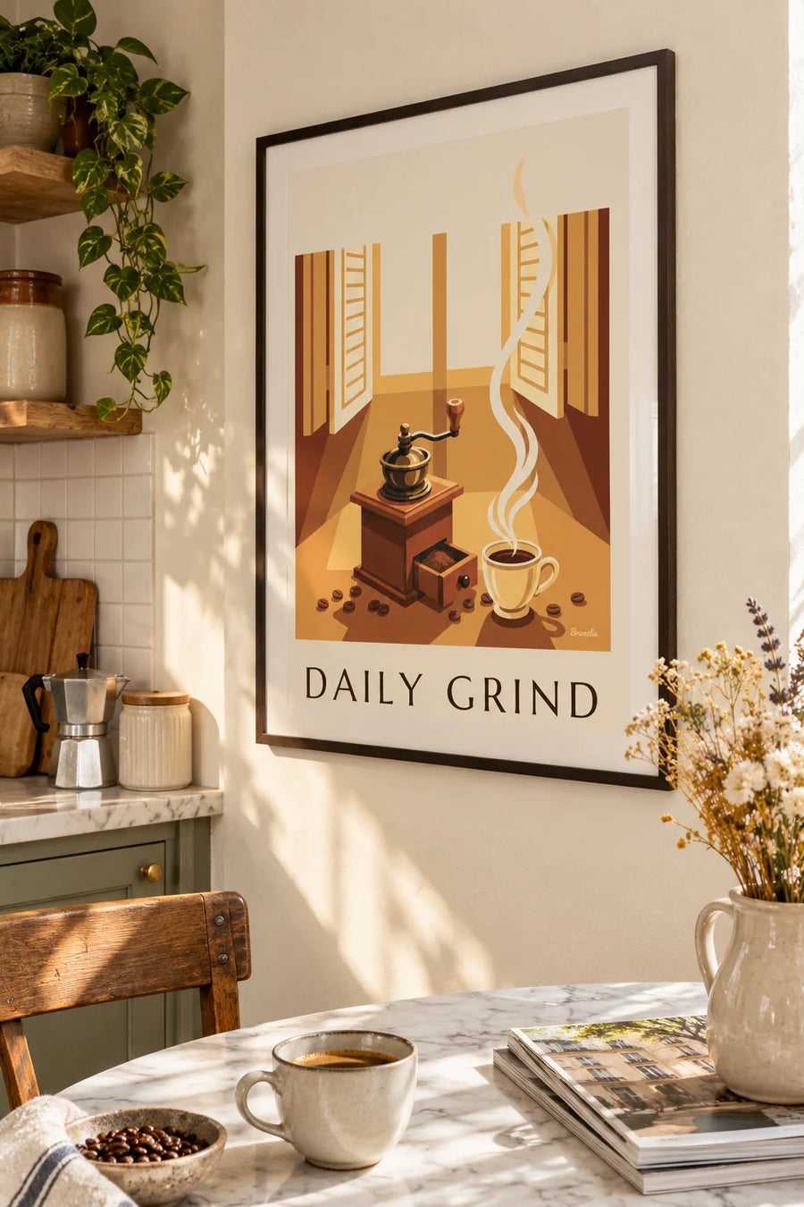 Póster de un molinillo de café de madera y granos de café: enmarcado en la pared