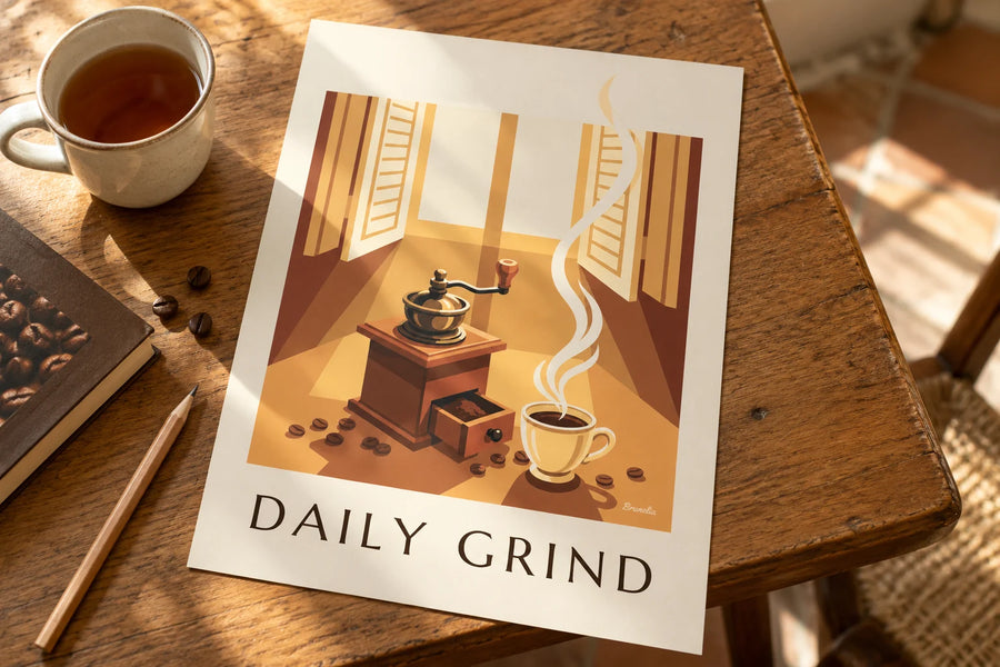 Póster de un molinillo de café de madera y granos de café: apoyado sobre una mesa