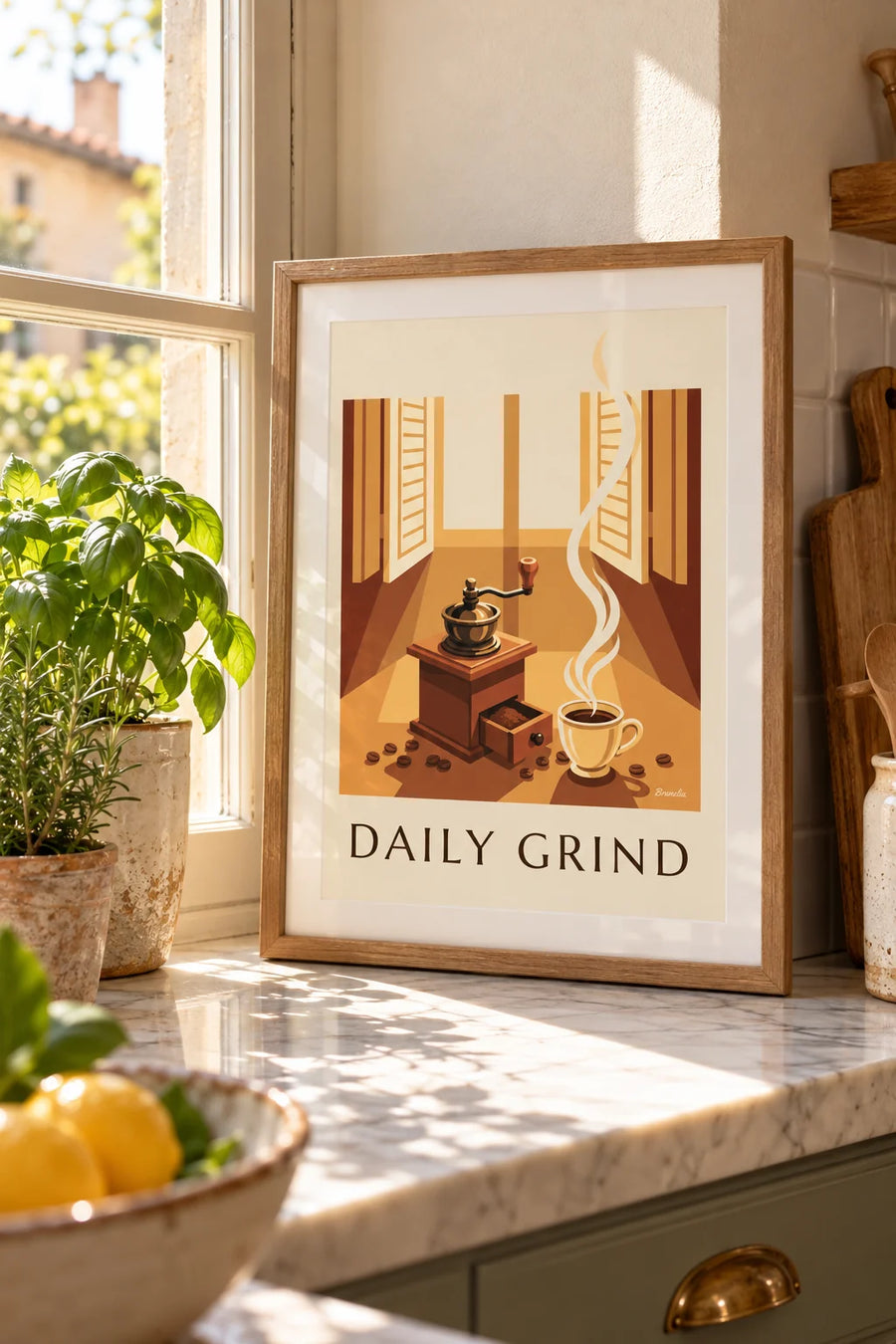 Póster molinillo de café de madera y granos de café: formato pequeño A4 enmarcado