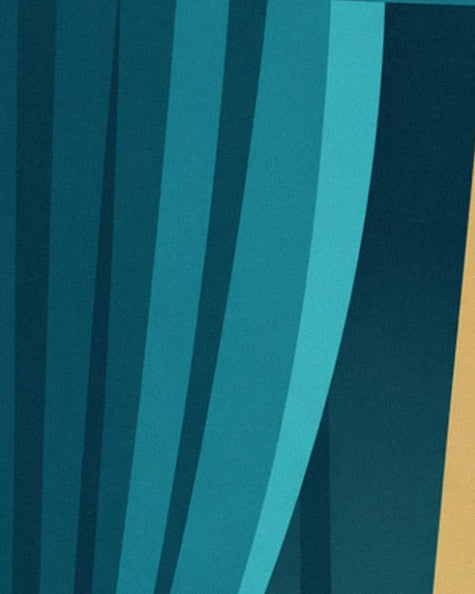 Un rideau aux longs plis bleu pétrole et turquoise, bordé d’une bande ocre