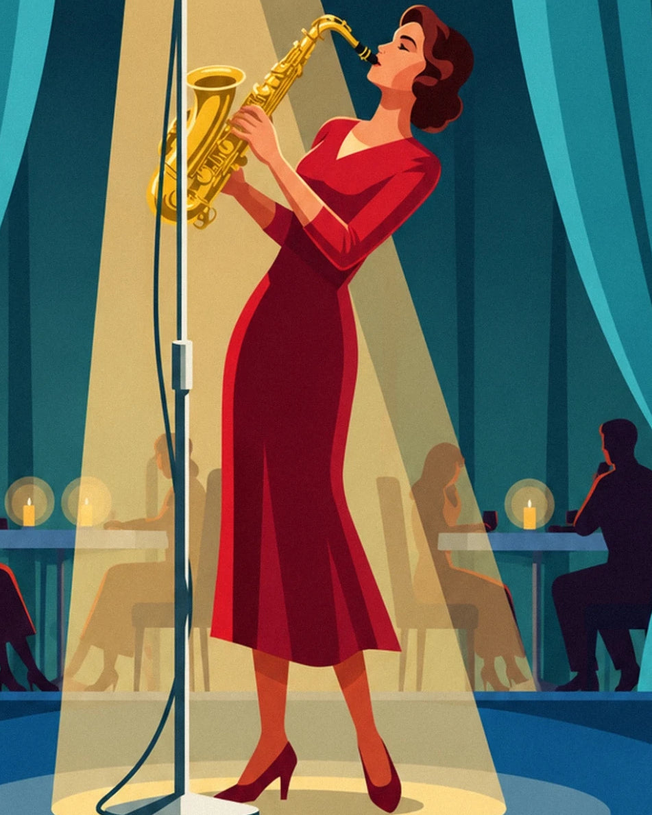 La saxophoniste en robe rouge devant son microphone, sous les projecteurs du club de jazz