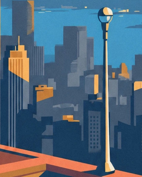 A street lamp with a pale globe on an orange terrace in front of the Manhattan towers