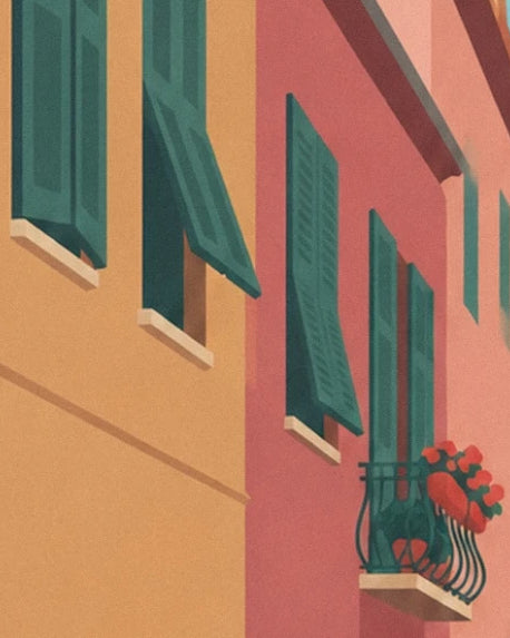 The green shutters on the ochre and pink façades, beside a flower-filled balcony