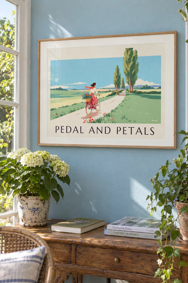 Póster de una pin-up en bicicleta con una cesta de flores en el campo: enmarcado en la pared