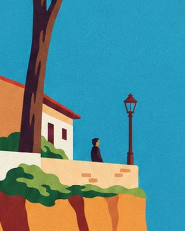 A figure near the street lamp, behind the cream wall edged with greenery