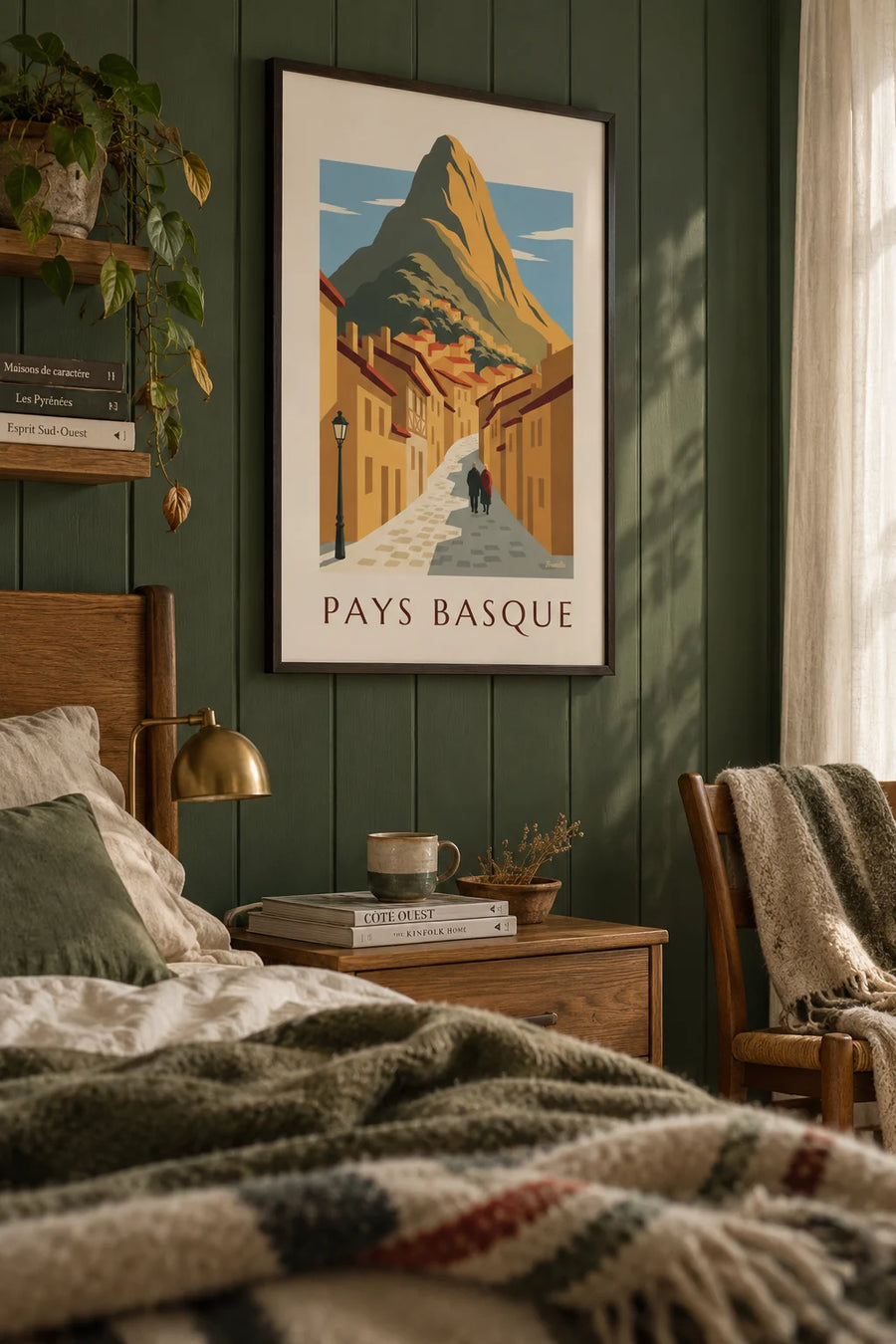 Affiche maisons ocre et montagne dorée d'un village du Pays basque : encadrée au mur
