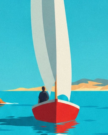 Le voilier rouge aux voiles blanches et son passager sur la mer turquoise