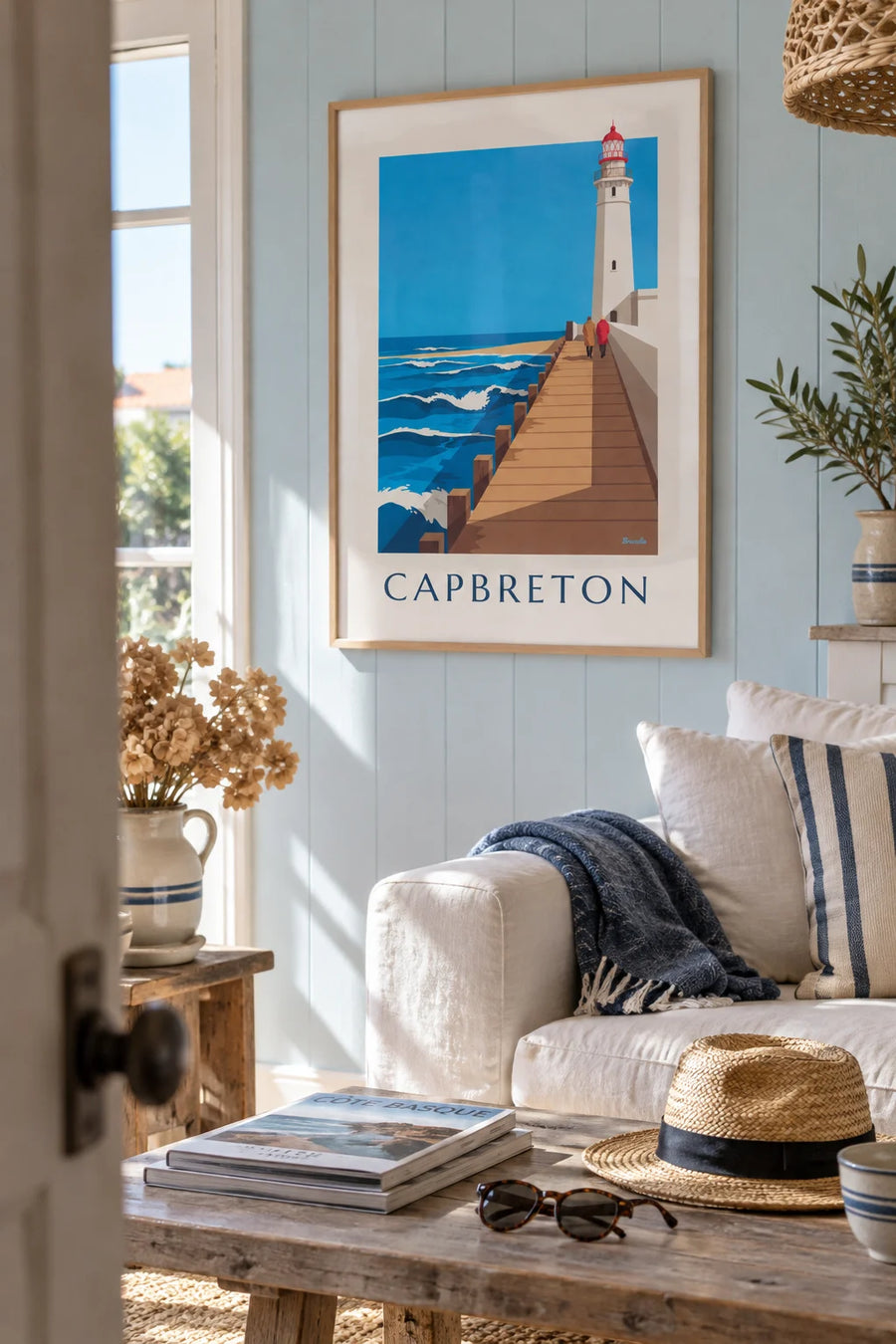 Poster of the lighthouse and long wooden pier in Capbreton: framed on the wall