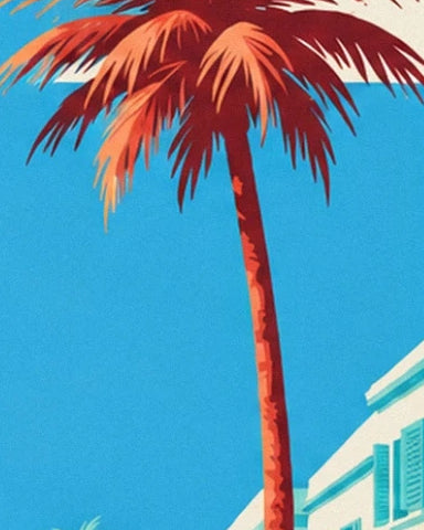Una palmera de hojas rojas y naranjas contra el cielo azul y una fachada clara