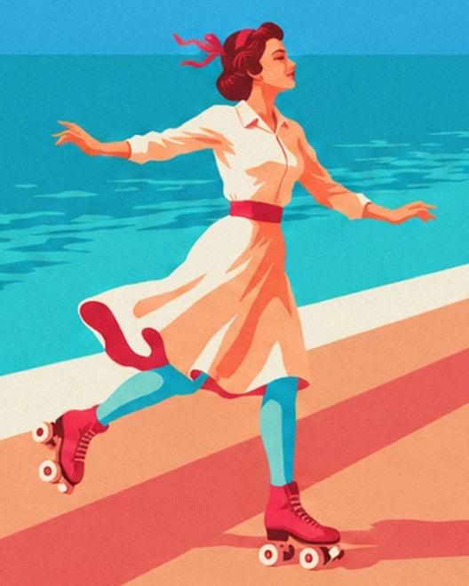 La patinadora con vestido crema, cinturón rojo y patines rosas frente al mar turquesa
