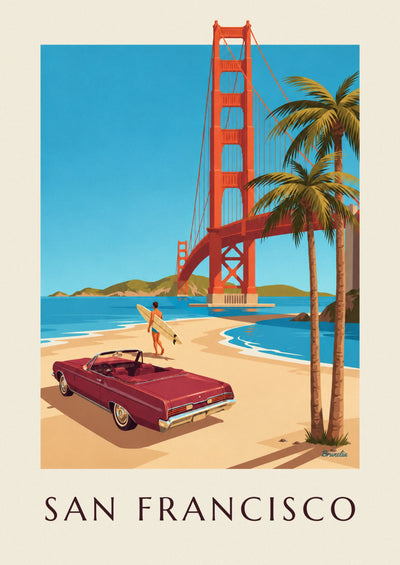 Poster of a convertible in front of the Golden Gate in San Francisco: the full poster