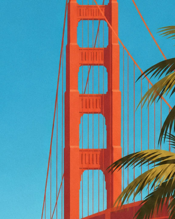 The orange tower of the Golden Gate stands against a blue sky, with palm fronds at the edge