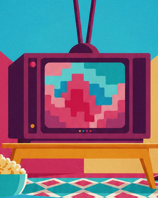 The old purple television on its yellow cabinet, with pink and turquoise patterns