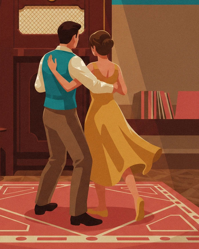 The couple dancing in the living room, in a turquoise waistcoat and yellow dress on a red rug
