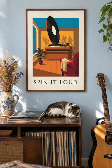 Póster de disco de vinilo de rock en el tocadiscos: enmarcado en la pared