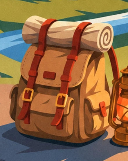 The ochre backpack with red straps, a rolled blanket and a lantern