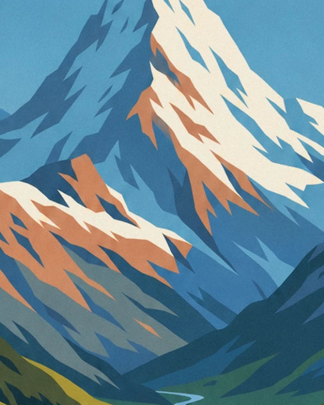 Snowy peaks with blue and ochre slopes above a lush green valley