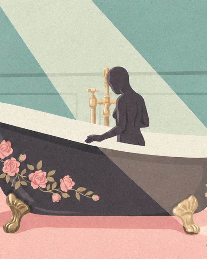 A woman seen from behind in her bath with golden feet, decorated with pink roses