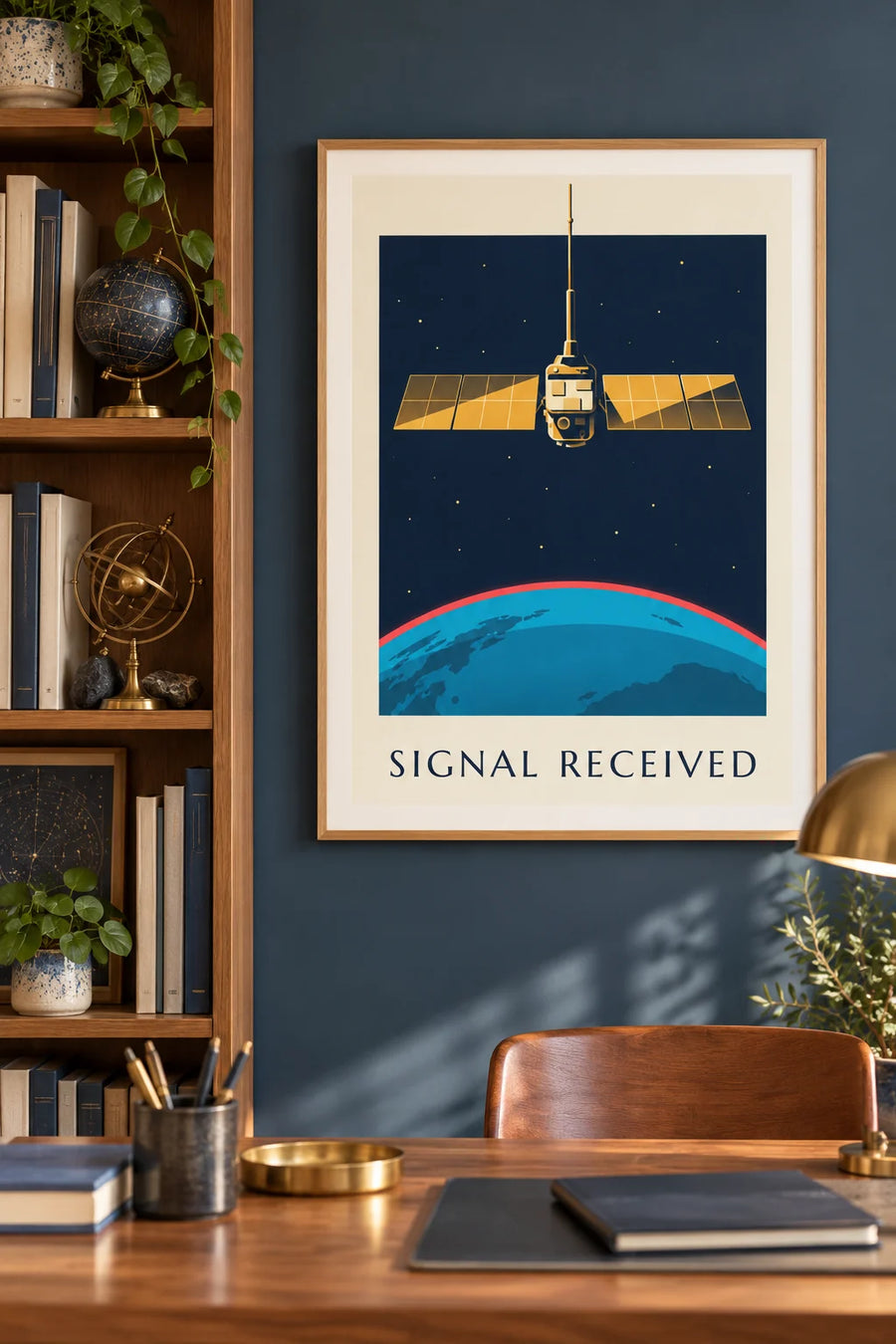 Póster de un satélite en el espacio sobre la Tierra: enmarcado en la pared