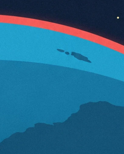 Des îles sombres et une côte découpée sur la Terre turquoise, sous un halo rouge