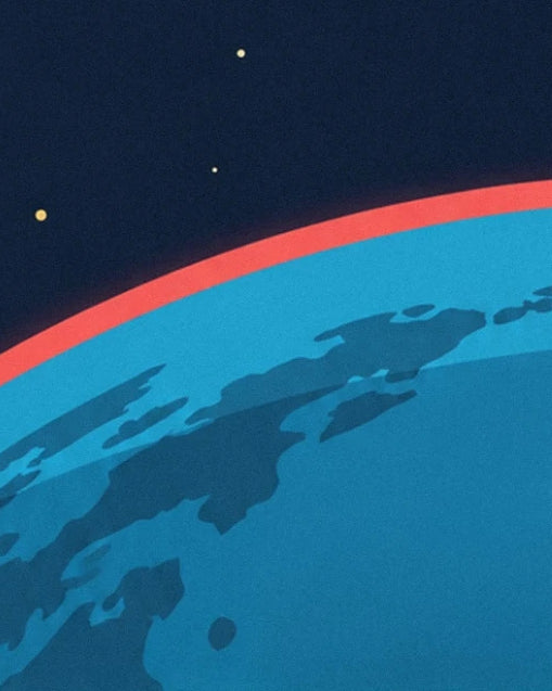 La courbe bleue de la Terre bordée de rouge, avec ses continents sombres