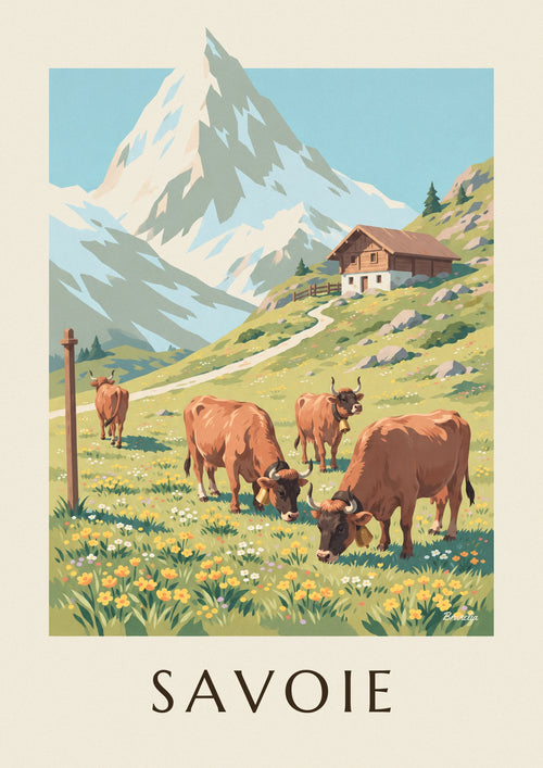 Póster vacas tarinas en los pastos alpinos de Saboya: el póster completo