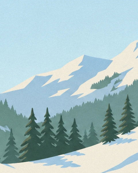 The dark green fir trees on the snowy slopes, at the foot of the blue-toned mountains