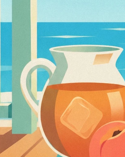 A carafe of amber tea with an ice cube beside a peach on the porch