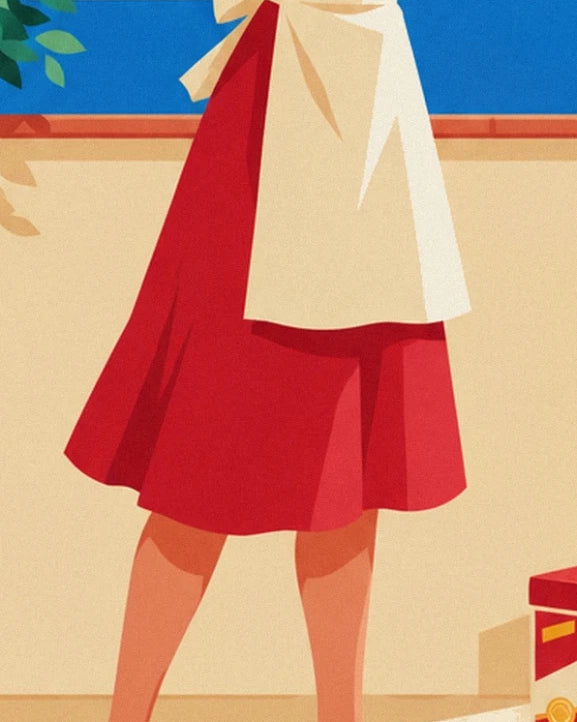 The flared red skirt and white shirttails in front of a beige wall