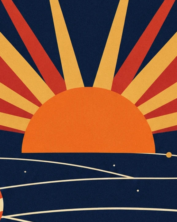 An orange half-disc Sun with yellow and red rays spreading out in a fan