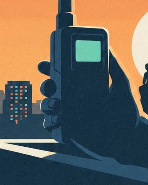 A hand holding a dark phone with an aerial and green screen in front of the city