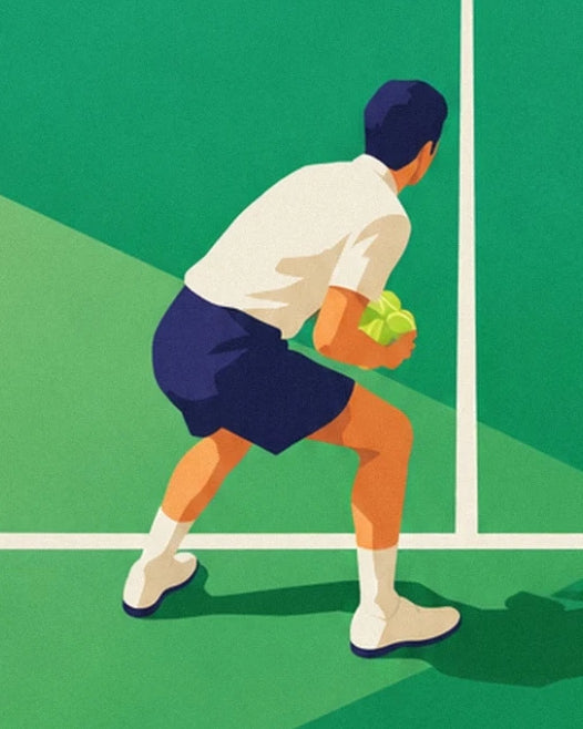 Le ramasseur en polo blanc et short bleu marine, les balles jaunes à la main