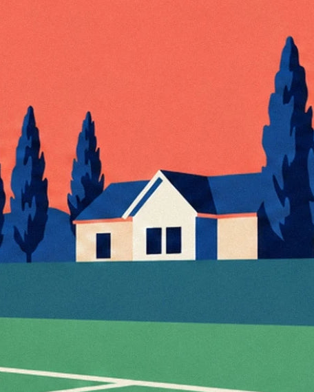 The cream house with a midnight-blue roof, between 2 cypress trees beside the court