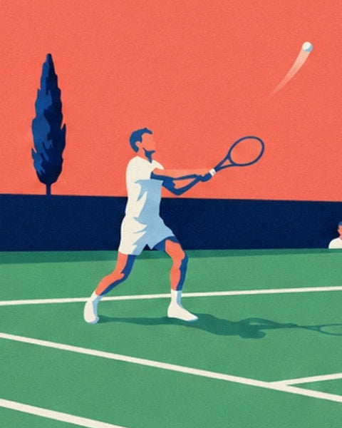 The player in white reaching towards the ball with a racket on the grass court