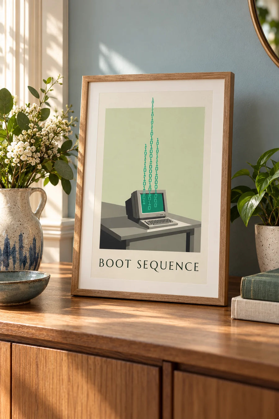Poster of a monochrome-screen computer and binary code: small framed A4 size