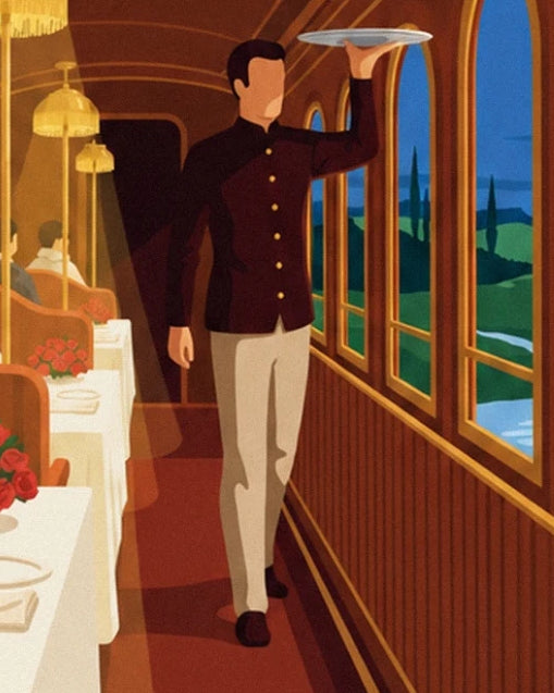 Le serveur en veste sombre, plateau levé, entre les tables et les fenêtres du wagon-restaurant