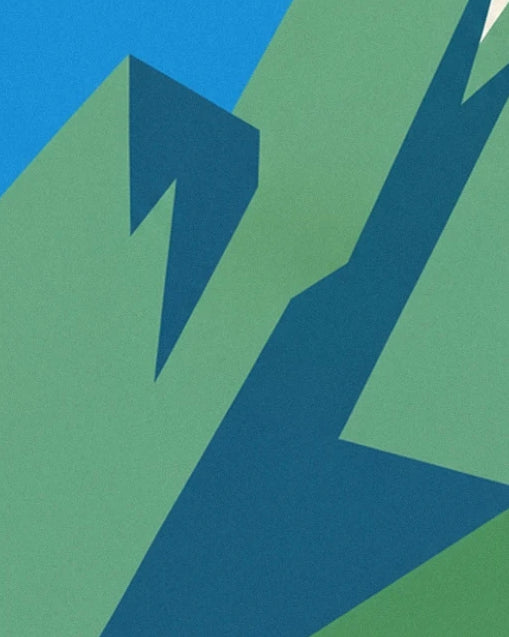 The green mountain slopes crossed by long dark blue shadows