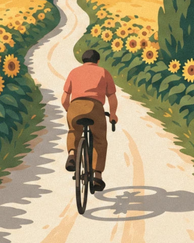 The cyclist in a coral polo shirt, seen from behind on the dirt path between sunflowers